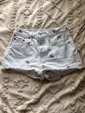 Levi's White Denim Shorts with Pink Floral Embroidery